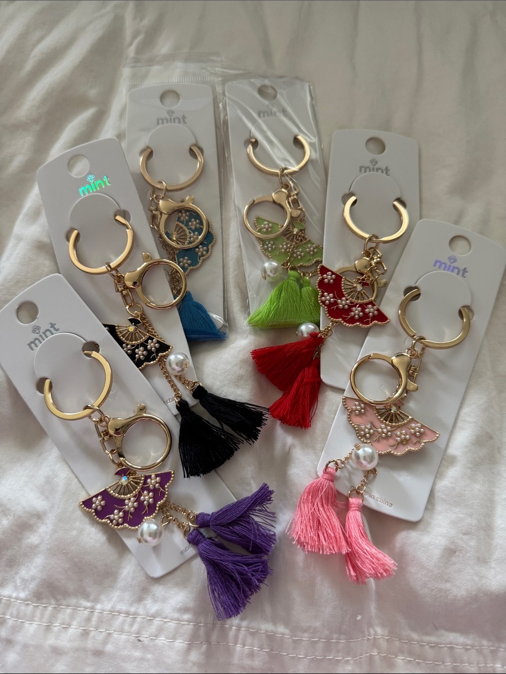 Colorful Fan with Tassel Keychain with Pearl Accent